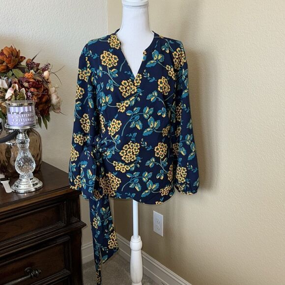 J. Crew Floral Draped Crepe Wrap Top Blue Yellow Flower Print Blouse Size Large - Picture 3 of 4